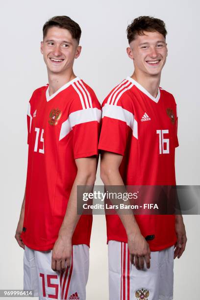 Alexey Miranchuk of Russia poses with his twin brother Anton Miranchuk of Russia for a portrait during the official FIFA World Cup 2018 portrait...