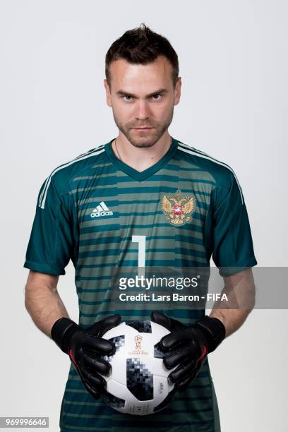Igor Akinfeev of Russia poses for a portrait during the official FIFA World Cup 2018 portrait session at Federal Sports Centre Novogorsk on June 8,...