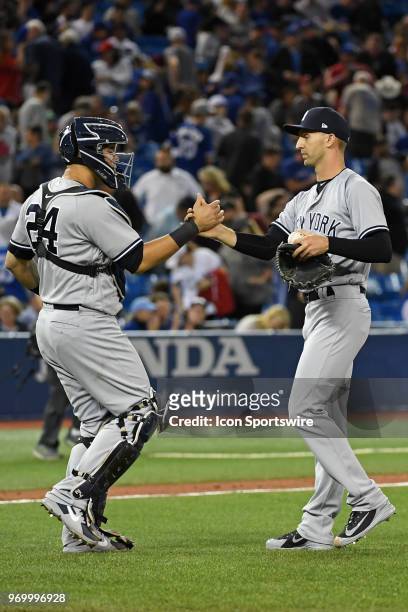 New York Yankees Pitcher Chasen Shreve celebrates with Catcher Gary Sanchez after the regular season MLB game between the New York Yankees and...