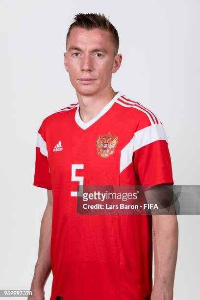 Andrey Semenov of Russia poses for a portrait during the official FIFA World Cup 2018 portrait session at Federal Sports Centre Novogorsk on June 8,...