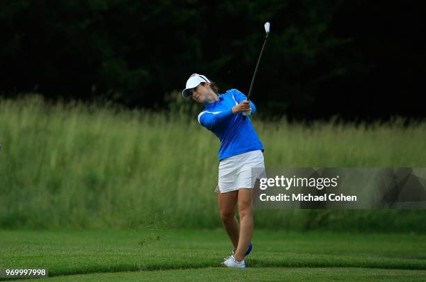 Beatriz Recari of Spain hits her second shot on the 18th hole during the first round of the ShopRite LPGA Classic Presented by Acer on the Bay Course...