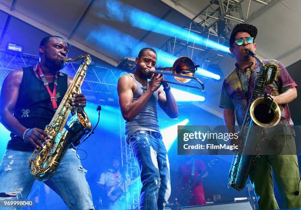 Jackson, Troy Andrews and Dan Oestreicher of Trombone Shorty & Orleans Avenue perform onstage at This Tent during day 2 of the 2018 Bonnaroo Arts And...