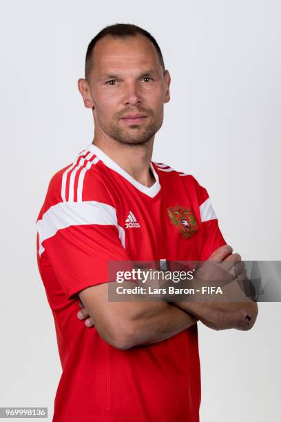 Sergey Ignashevich of Russia poses for a portrait during the official FIFA World Cup 2018 portrait session at Federal Sports Centre Novogorsk on June...