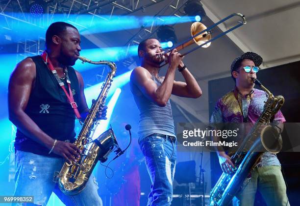 Jackson, Troy Andrews and Dan Oestreicher of Trombone Shorty & Orleans Avenue perform onstage at This Tent during day 2 of the 2018 Bonnaroo Arts And...