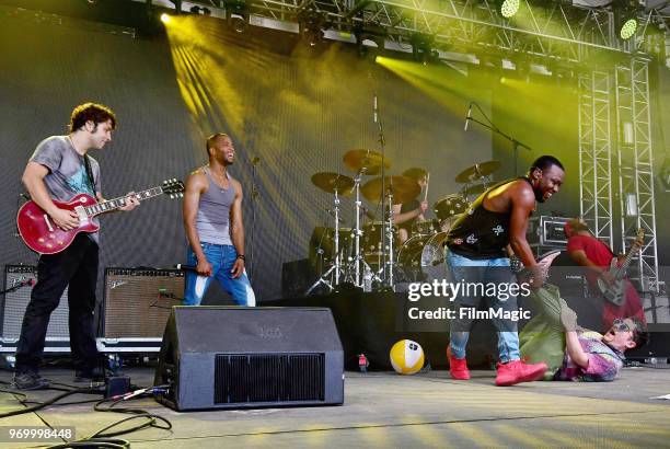 Troy Andrews, BK Jackson and Dan Oestreicher of Trombone Shorty & Orleans Avenue perform onstage at This Tent during day 2 of the 2018 Bonnaroo Arts...