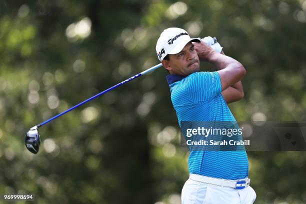 Fabian Gomez of Argentina plays his shot from the seventh tee during the second round of the FedEx St. Jude Classic at at TPC Southwind on June 8,...