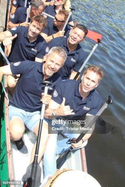 Stefan Schnoor, Manou Lubowski, Guido Broscheit, Luan Krasniqi and Andreas Brucker attend the '14. Drachenboot Cup' charity event on June 8, 2018 in...