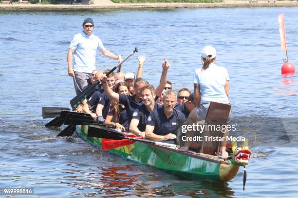 Stefan Schnoor, Max Mutzke, Manou Lubowski, Guido Broscheit, Luan Krasniqi and Andreas Brucker attend the '14. Drachenboot Cup' charity event on June...