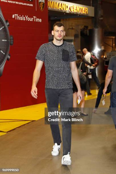 Ante Zizic of the Cleveland Cavaliers arrives at the arena before Game Four of the 2018 NBA Finals against the Golden State Warriors on June 8, 2018...