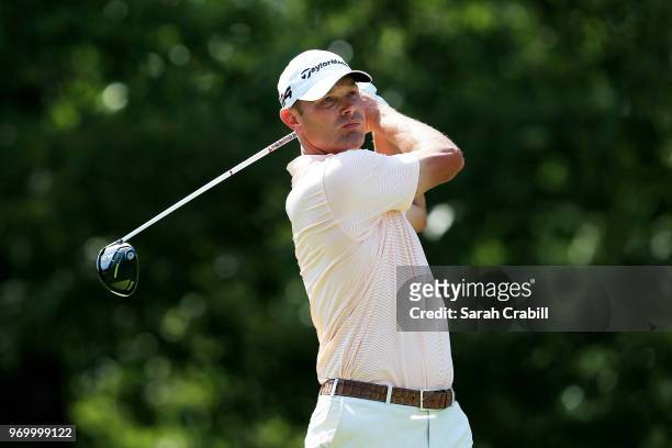 Shawn Stefani plays his shot from the seventh tee during the second round of the FedEx St. Jude Classic at at TPC Southwind on June 8, 2018 in...
