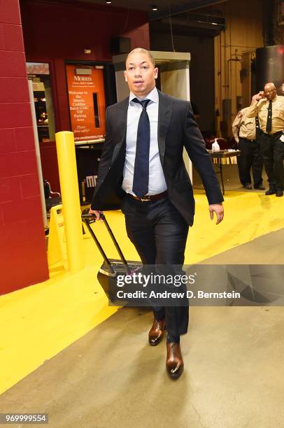 Head Coach Tyronn Lue of the Cleveland Cavaliers arrives before the game against the Golden State Warriors during Game Four of the 2018 NBA Finals on...