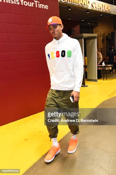 Jordan Clarkson of the Cleveland Cavaliers arrives before the game against the Golden State Warriors during Game Four of the 2018 NBA Finals on June...