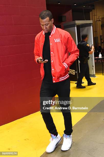 Rodney Hood of the Cleveland Cavaliers arrives before the game against the Golden State Warriors during Game Four of the 2018 NBA Finals on June 8,...