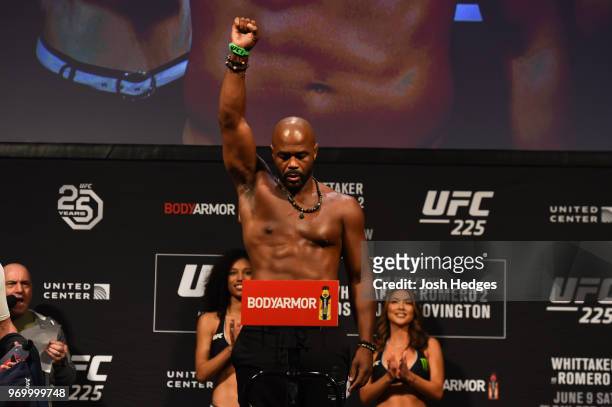 Rashad Evans poses on the scale during the UFC 225 weigh-in at the United Center on June 8, 2018 in Chicago, Illinois.