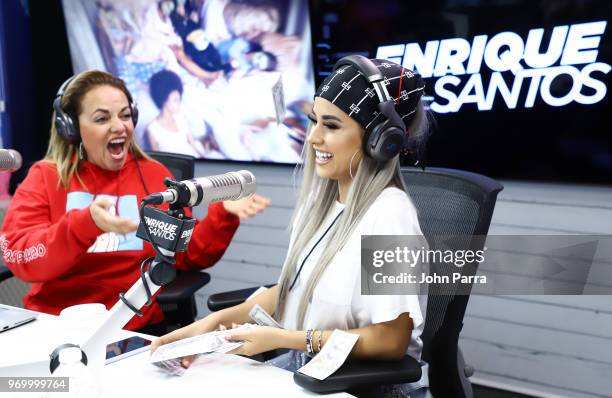 Gina Ulmos and Becky G visit I Heart Latino Studio Enrique Santos Show at I Heart Latino Studios on June 8, 2018 in Miramar, Florida.