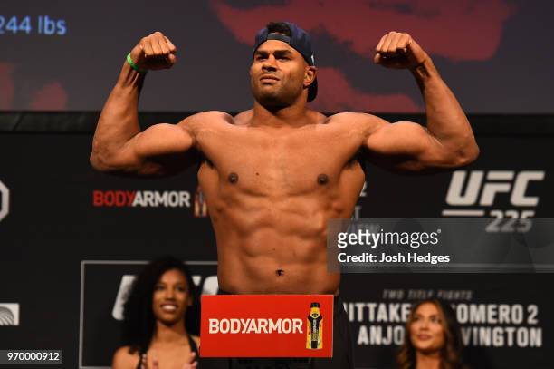 Alistair Overeem of Netherlands poses on the scale during the UFC 225 weigh-in at the United Center on June 8, 2018 in Chicago, Illinois.