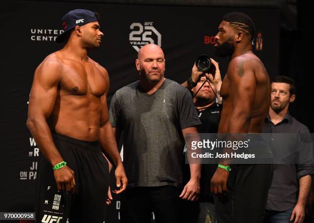 Opponents Alistair Overeem of the Netherlands and Curtis Blaydes face off during the UFC 225 weigh-in at the United Center on June 8, 2018 in...