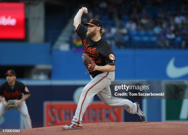 Andrew Cashner of the Baltimore Orioles delivers a pitch in the first inning during MLB game action against the Toronto Blue Jays at Rogers Centre on...