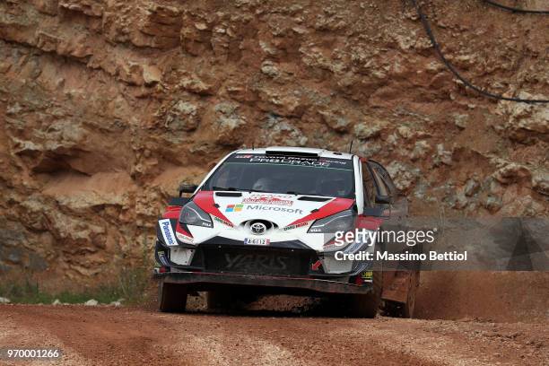 Esapekka Lappi of Finland and Janne Ferm of Finland compete in their Toyota Gazoo Racing WRT Toyota Yaris WRC during Day Two of the WRC Italy on June...