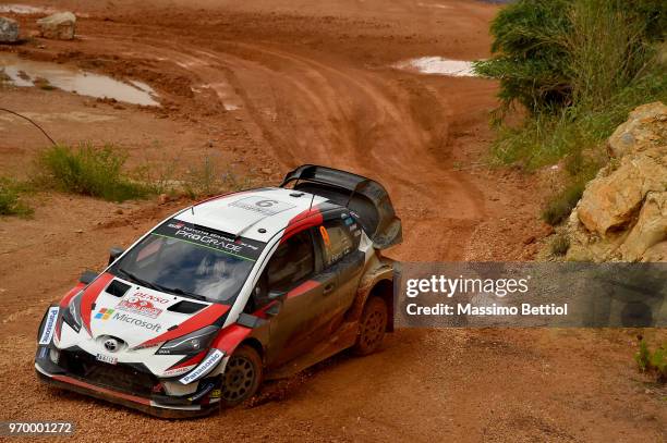 Esapekka Lappi of Finland and Janne Ferm of Finland compete in their Toyota Gazoo Racing WRT Toyota Yaris WRC during Day Two of the WRC Italy on June...