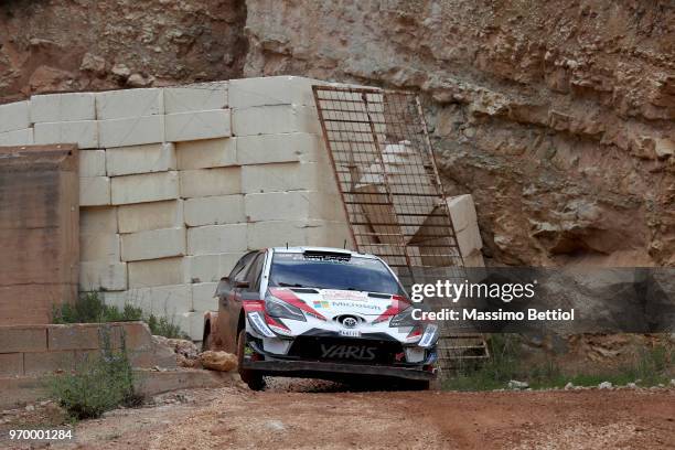 Jari Matti Latvala of Finland and Mikka Anttila of Finland compete in their Toyota Gazoo Racing WRT Toyota Yaris WRC during Day Two of the WRC Italy...