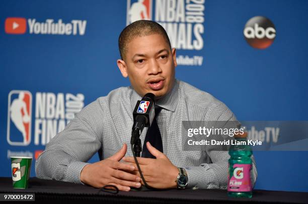 Coach Tyronn Lue of the Cleveland Cavaliers addresses the press before the game against of the Golden State Warriors in Game Four of the 2018 NBA...