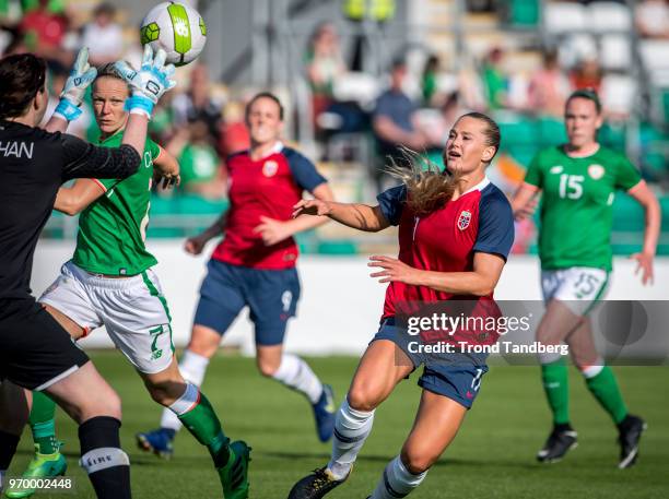 Lisa Marie Utland of Norway, Diane Caldwell, Claire O«Riordan of Republic of Ireland during 2019 FIFA Womens World Cup Qualifier between Irland and...