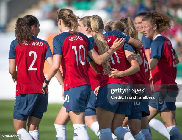 Ingrid Moe Wold, Caroline Graham Hansen, Lisa Marie Utland, Guro Reiten, Synne Skinnes Hansen of Norway during 2019 FIFA Womens World Cup Qualifier...