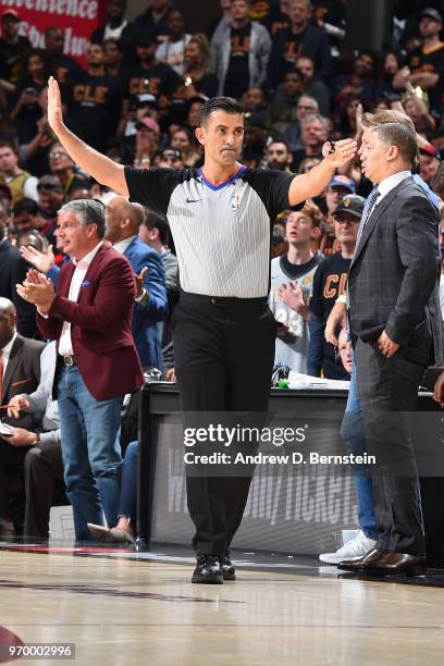 Referee Zach Zarba makes a call during Game Three of the 2018 NBA Finals between the Golden State Warriors and Cleveland Cavaliers on June 6, 2018 at...