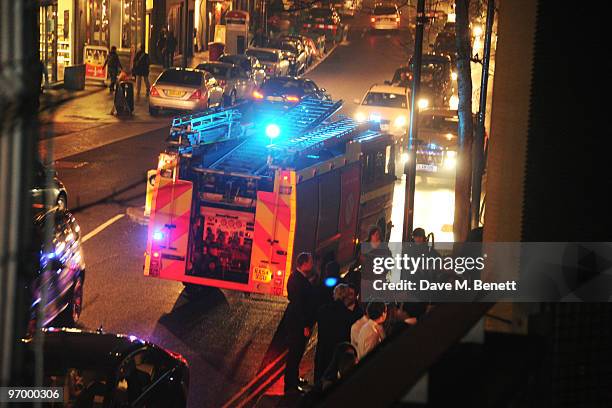 Fire engine arrives outside as the fire alarm broke out at the Love Ball London, at the Roundhouse on February 23, 2010 in London, England.