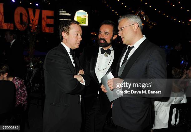 Geordie Greig, Evgeny Lebedev and Alexander Lebedev attend the Love Ball London, at the Roundhouse on February 23, 2010 in London, England.