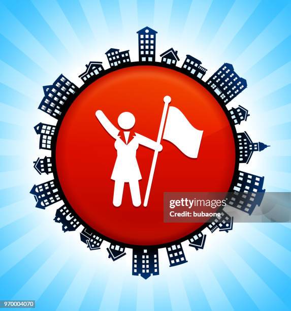 flag stickfigure  on rural cityscape skyline background - stickfigure stock illustrations