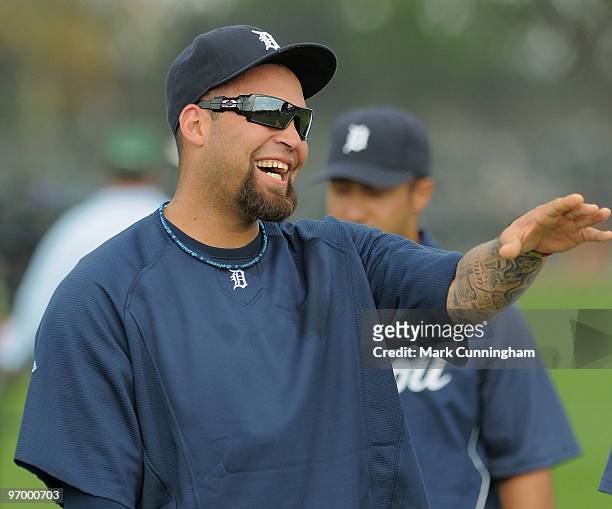 Joel Zumaya of the Detroit Tigers looks on and smiles during the team's first full-squad spring training workout on February 23, 2010 in Lakeland,...