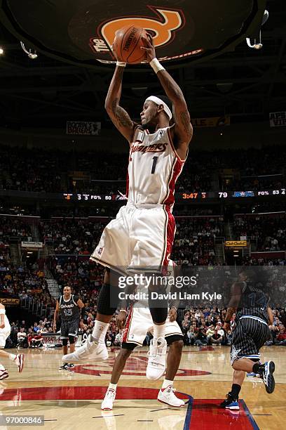 Daniel Gibson of the Cleveland Cavaliers rebounds during the game against the Orlando Magic at Quicken Loans Arena on February 11, 2010 in Cleveland,...