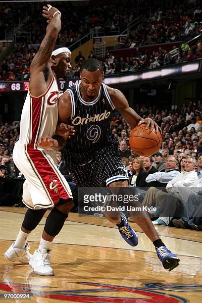 Rashard Lewis of the Orlando Magic drives to the basket against Daniel Gibson of the Cleveland Cavaliers during the game at Quicken Loans Arena on...