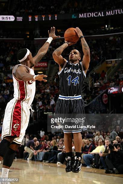 Jameer Nelson of the Orlando Magic shoots a jump shot against Daniel Gibson of the Cleveland Cavaliers during the game at Quicken Loans Arena on...