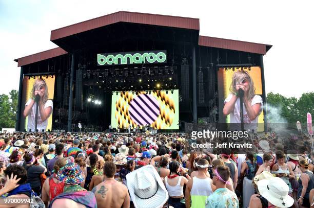 Taylor York, Hayley Williams, and Zac Farr of Paramore perform on What Stage during day 2 of the 2018 Bonnaroo Arts And Music Festival on June 8,...