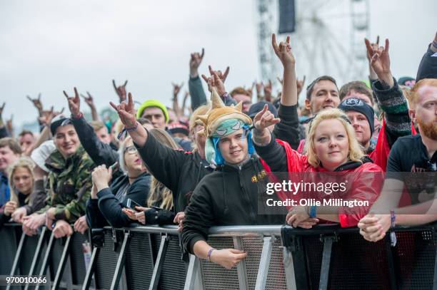The audience watch on as Avatar performs onstage at Download Festival 2018 at Donington Park on June 8, 2018 in Donington, England.