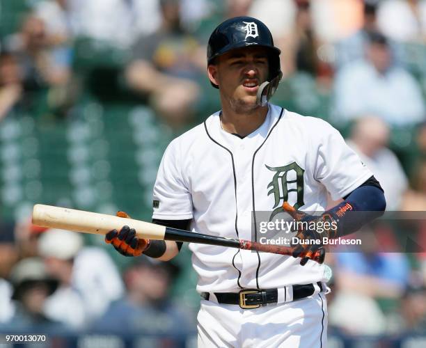 Jose Iglesias of the Detroit Tigers bats against the Los Angeles Angels at Comerica Park on May 28, 2018 in Detroit, Michigan. MLB players across the...