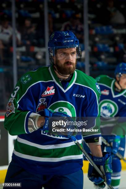 Josh Anderson of the Swift Current Broncos warms up against the Regina Pats at Brandt Centre - Evraz Place on May 23, 2018 in Regina, Canada.