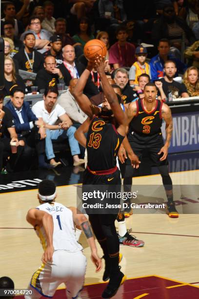 Tristan Thompson of the Cleveland Cavaliers shoots the ball against the Golden State Warriors in Game Four of the 2018 NBA Finals on June 8, 2018 at...