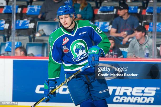 Max Patterson of the Swift Current Broncos warms up against the Regina Pats at Brandt Centre - Evraz Place on May 23, 2018 in Regina, Canada.