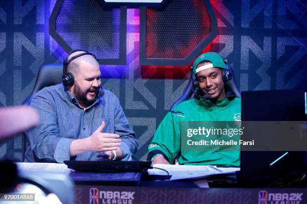Speedbrook of Celtics Crossover Gaming talks to Scott Cole after the game against Jazz Gaming during the NBA 2K League Mid Season Tournament on June...