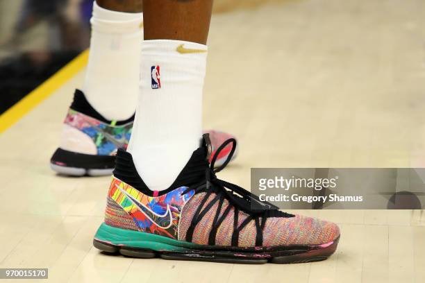 Detail view of the Nike KD 10 sneakers worn by Kevin Durant of the Golden State Warriors in the first quarter against the Cleveland Cavaliers during...