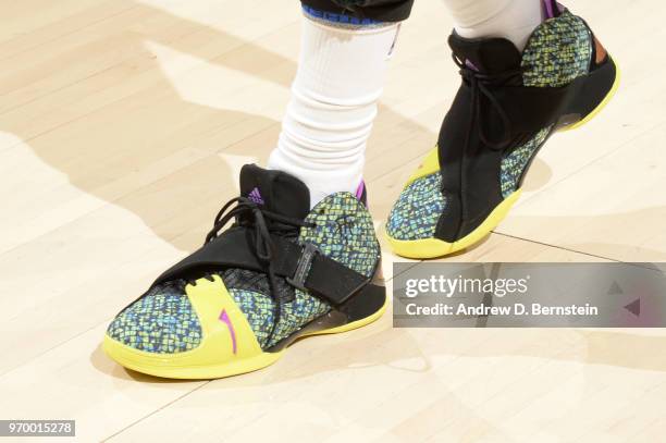 The sneakers of Nick Young of the Golden State Warriors are seen before the game against the Cleveland Cavaliers during Game Four of the 2018 NBA...