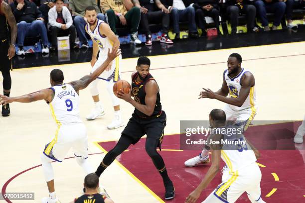 Tristan Thompson of the Cleveland Cavaliers handles the ball against the Golden State Warriors in Game Four of the 2018 NBA Finals on June 8, 2018 at...