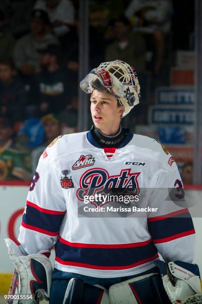 Max Paddock of the Regina Pats stands on the ice against the Swift Current Broncos at Brandt Centre - Evraz Place on May 23, 2018 in Regina, Canada.