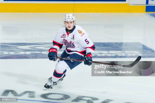 Josh Mahura of the Regina Pats skates against the Swift Current Broncos at Brandt Centre - Evraz Place on May 23, 2018 in Regina, Canada.