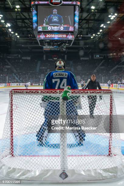 Stuart Skinner of the Swift Current Broncos stands in net at the start of the game against the Regina Pats at Brandt Centre - Evraz Place on May 23,...