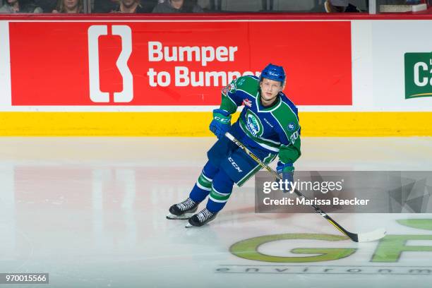 Aleksi Heponiemi of the Swift Current Broncos skates against the Regina Pats at Brandt Centre - Evraz Place on May 23, 2018 in Regina, Canada.